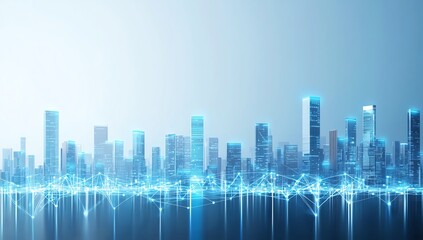Fototapeta premium Futuristic cityscape with glowing skyscrapers and digital network overlay, symbolizing modern technology and urban development in a digital age.