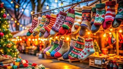 Fototapeta premium Aerial View of Colorful Knitted Socks Displayed at a Festive Christmas Market, Capturing the Joy and Warmth of the Holiday Season in Vibrant Hues and Cozy Textiles