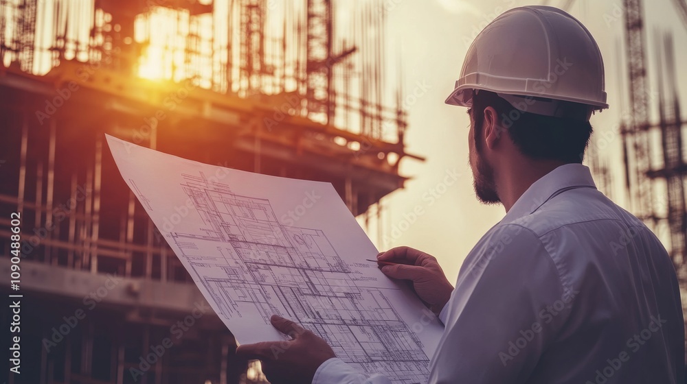 Poster An inspector examining detailed blueprints with a backdrop of scaffolding and cranes, Blueprint review scene, Technical and detailed style