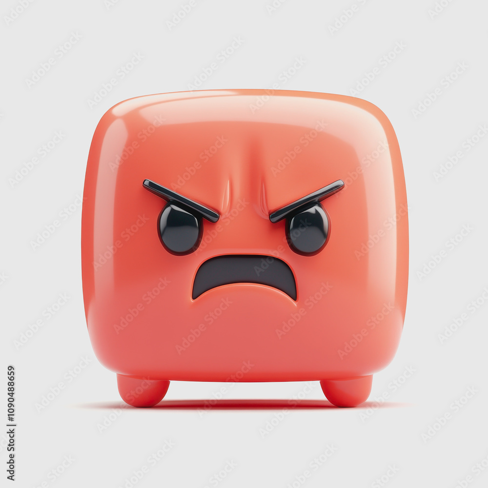 Poster delightfully grumpy cube character in bright coral color with stylish facial expression, representin