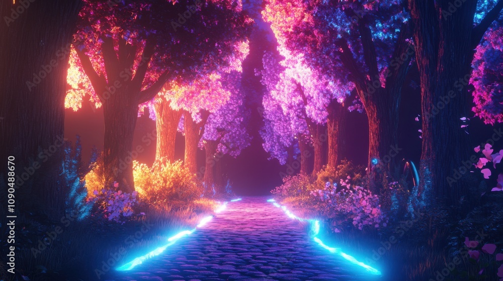 Poster enchanted forest pathway with vibrant trees and illuminated ground reflecting colors of nature in a 