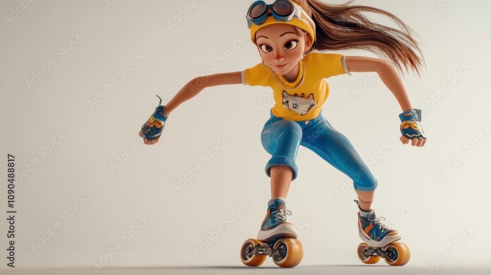 Poster a dynamic animated character rollerblading in casual attire, showcasing movement and fun.