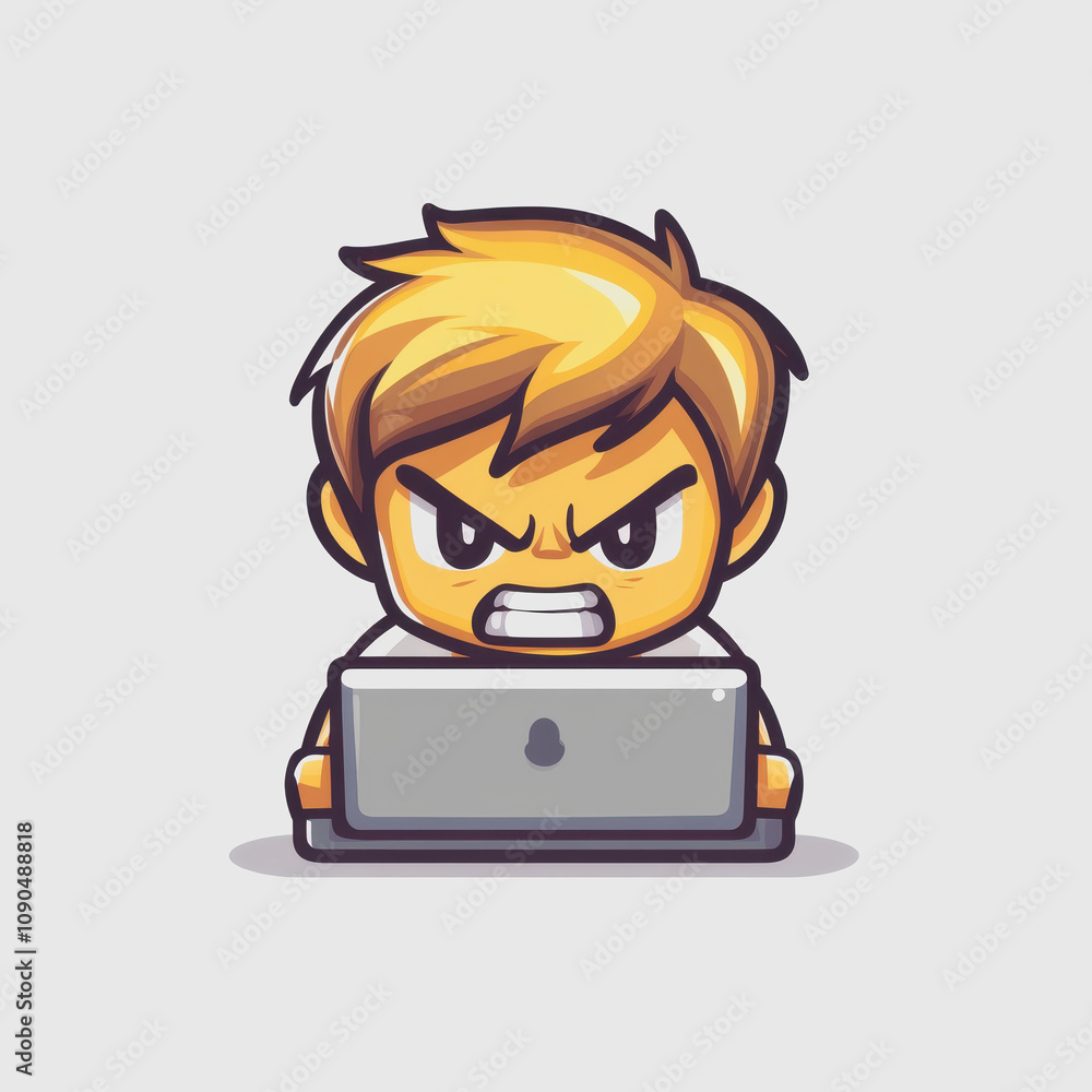Poster cartoon child with angry expression working on laptop, illustrating frustration from online tasks an