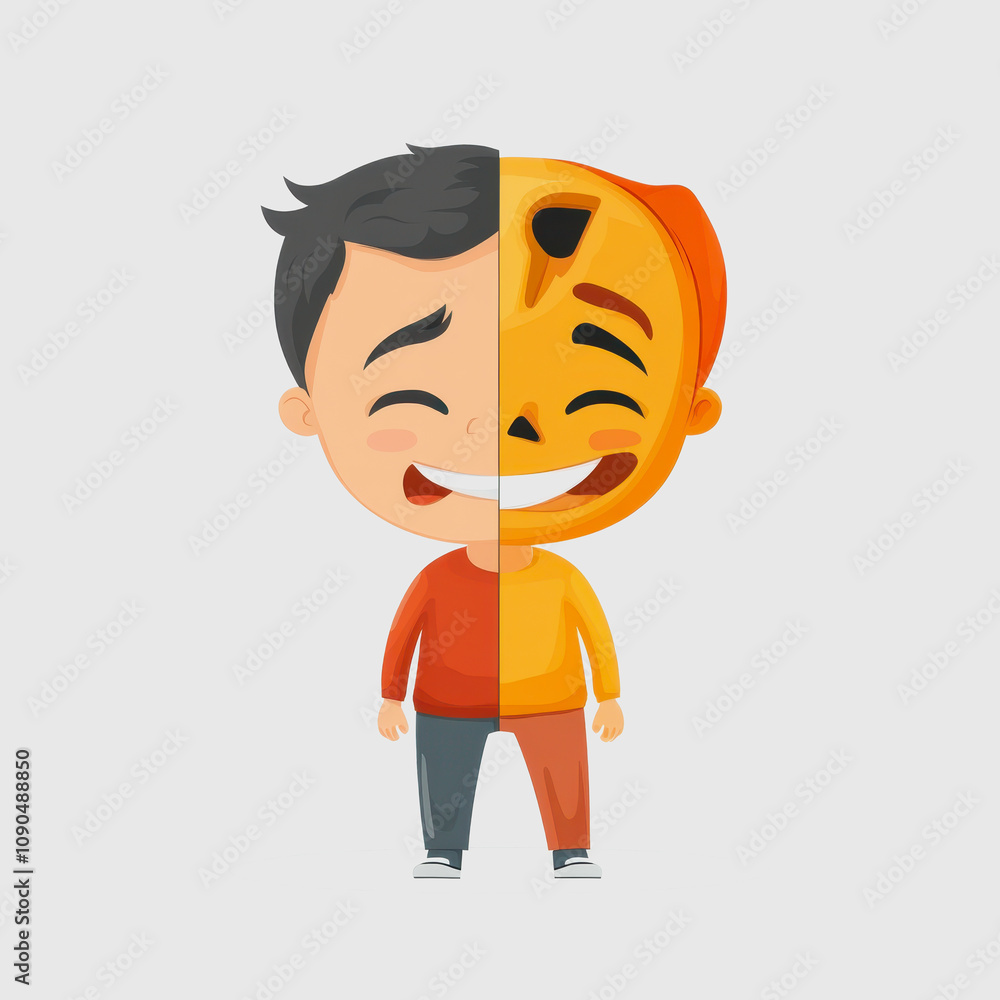 Poster half-smile half-mask illustration of a boy representing joy and mystery with colorful design element