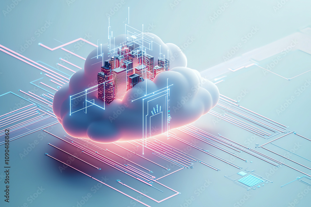 Poster futuristic digital cloud with glowing circuit patterns and skyscraper elements illustrating advanced