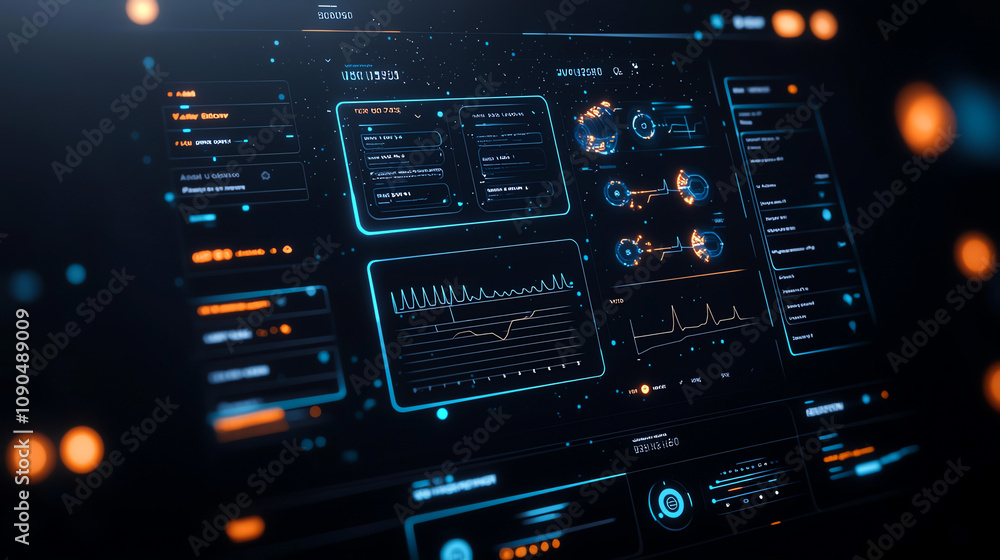 Aufkleber futuristic digital interface showcasing data analytics and interactive graphs on a high-tech screen,
