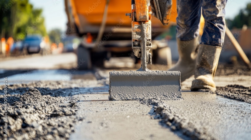 Poster an intense close-up of a concrete finisher leveling freshly poured concrete on a highway constructio