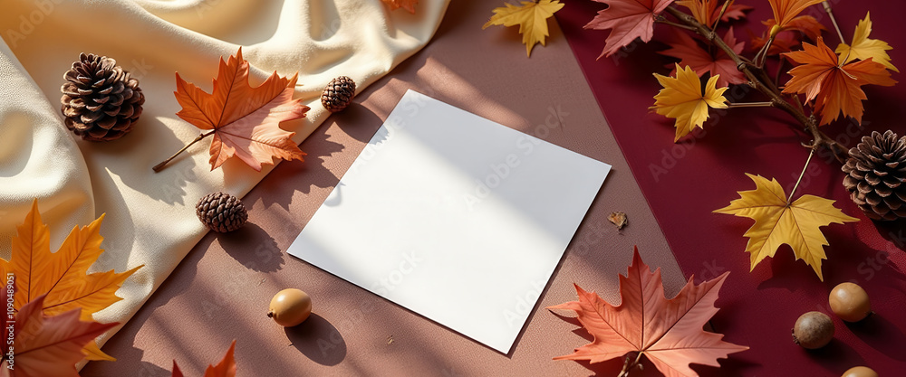 Poster a table with a white notebook and a pile of autumn leaves. the leaves are scattered all over the tab