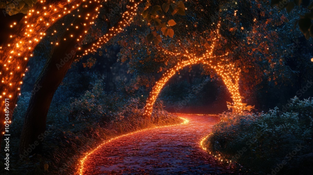 Poster enchanted pathway illuminated by glowing fairy lights creating a magical atmosphere in a serene fore