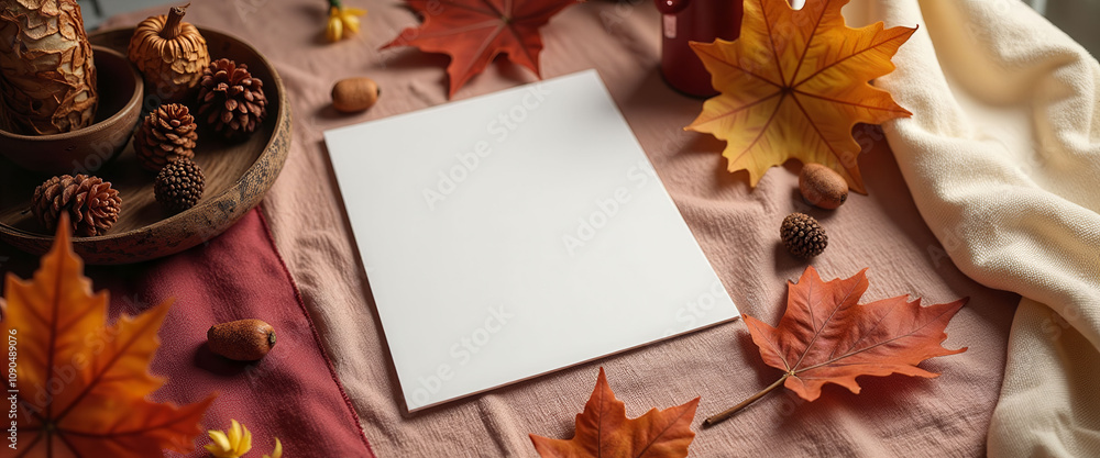 Poster a table with a white notebook and a pile of autumn leaves. the leaves are scattered all over the tab