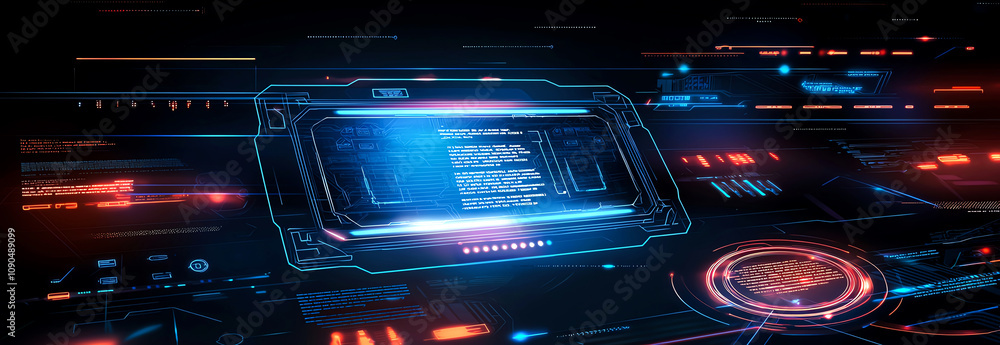 Poster futuristic digital interface with glowing blue and red elements, displaying advanced data and graphi