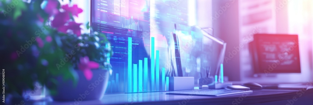 Aufkleber a modern workspace featuring data visualizations and plants for a productive environment.