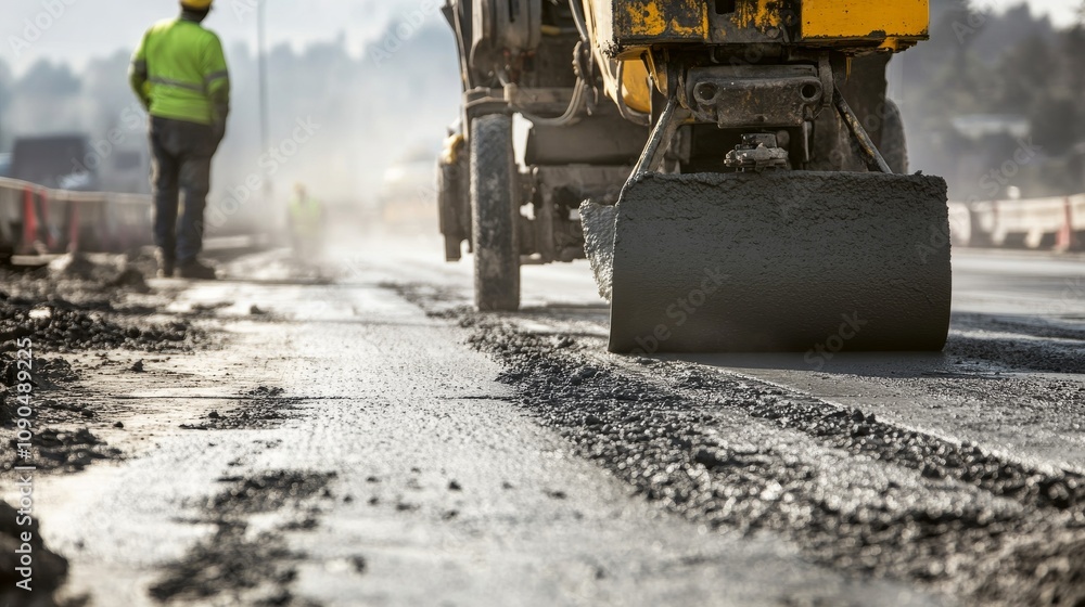Poster an intense close-up of a concrete finisher leveling freshly poured concrete on a highway constructio