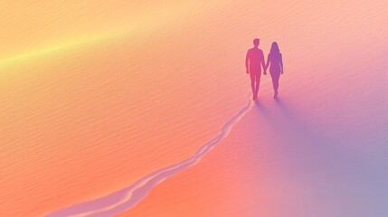 Silhouette of couple walking at sunset. Pair strolls in pastel desert scene. Unity and romance in serene light, minimalist style, and tranquility. Ideal for depicting love evening serenity art.
