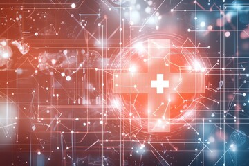 Obraz premium Futuristic digital interface with medical cross symbol, showcasing innovation in healthcare technology with abstract connections and glowing nodes.