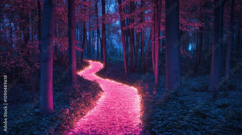 Poster enchanted forest with glowing pathway surrounded by mystical trees and ethereal lighting in a dreaml