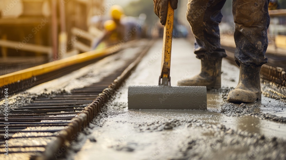 Poster an intense close-up of a concrete finisher smoothing out freshly poured concrete on a bridge deck, b