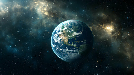 Obraz premium Earth, a Vibrant Planet, Suspended in a Cosmic Nebula, Showing North America, Deep Space Background