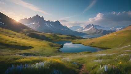 Obraz premium Alpine Glow: Lush Fields and Starry Waters at Dusk