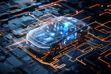Futuristic digital representation of a smart car integrated with advanced technology circuits, highlighting innovation and automotive evolution.
