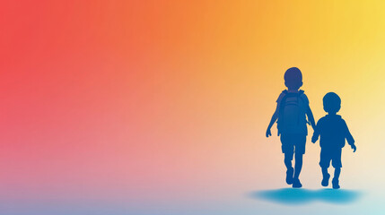 Two Silhouetted Children Walking Together Against a Vibrant Gradient Background in Shades of Orange, Yellow and Blue, Symbolizing Friendship and Adventure