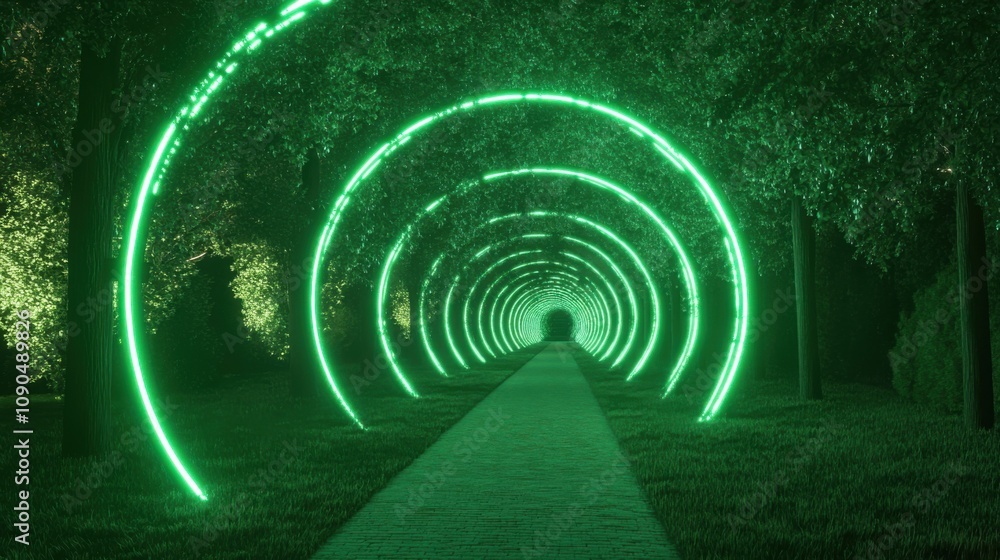 Poster illuminated green tunnel in enchanted forest pathway, surrounded by lush trees, creating a mystical 