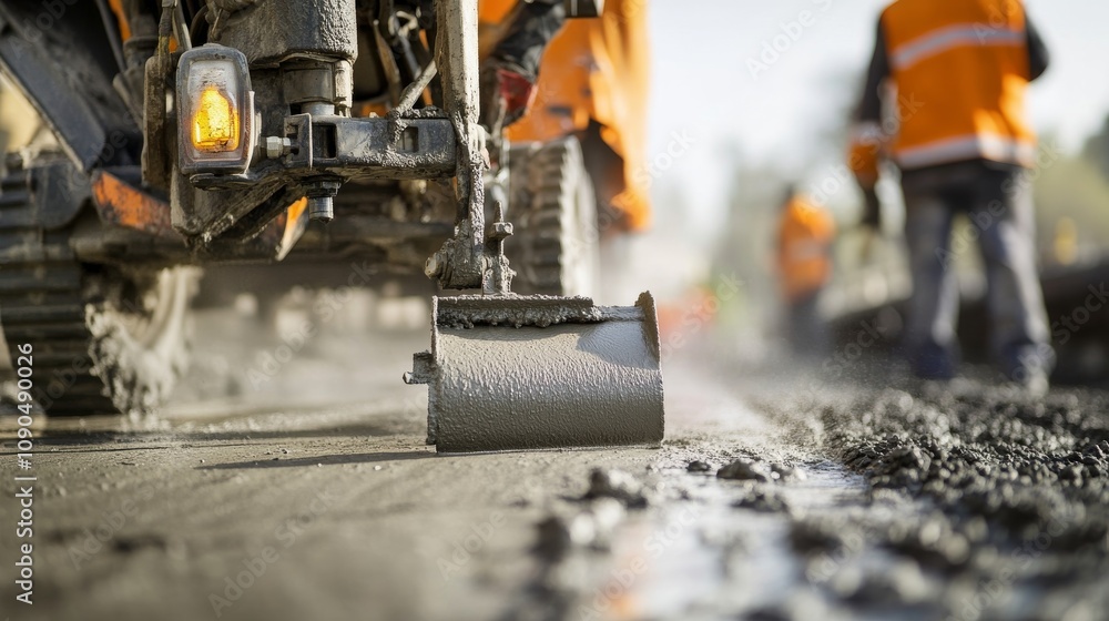 Poster an intense close-up of a concrete finisher smoothing out freshly poured concrete on a dam constructi