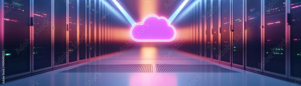 Poster a vibrant, futuristic data center with a glowing pink cloud symbol, representing cloud computing and