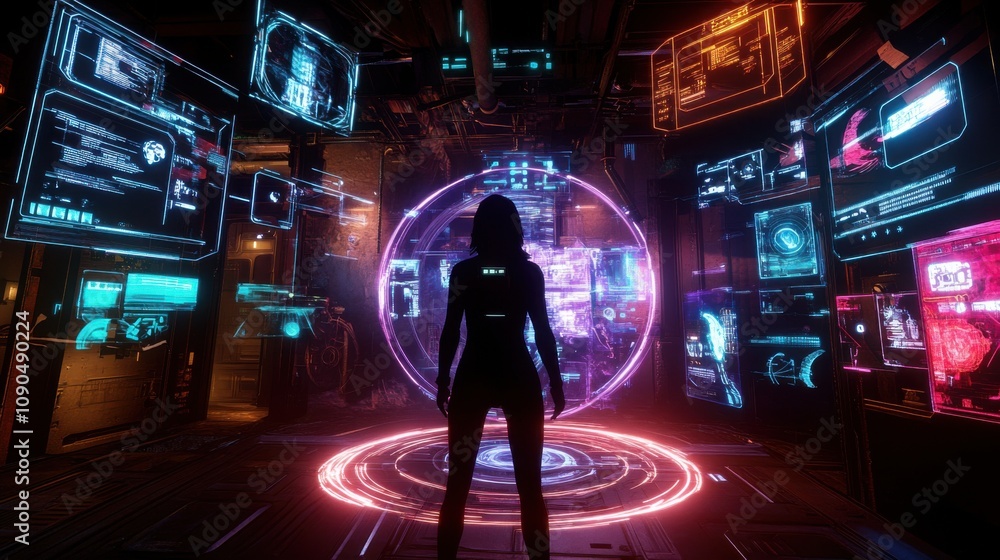 Poster futuristic scene with silhouette in high-tech environment surrounded by glowing holographic displays