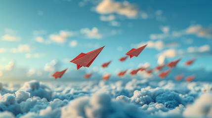 Fototapeta premium A group of red paper airplanes flying in the sky