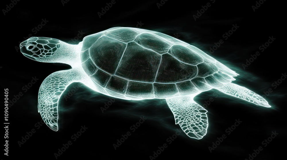 Poster a glowing, ethereal representation of a turtle against a dark background.