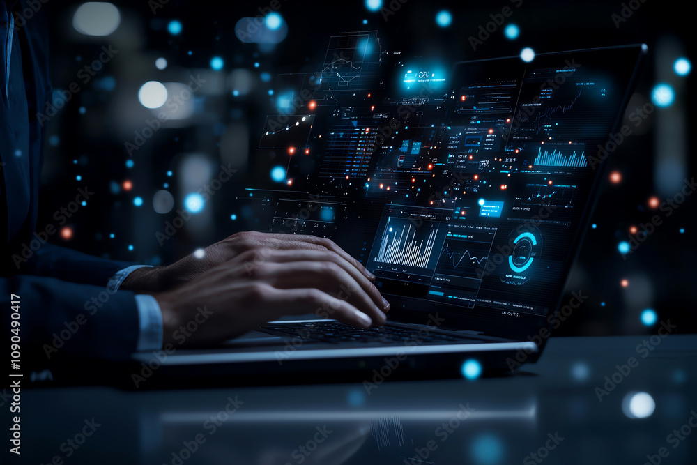 Poster hands typing on a laptop in a dark setting with digital data holograms floating. represents high-tec