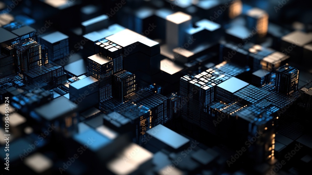 Poster Abstract digital landscape with geometric shapes and lighting effects.