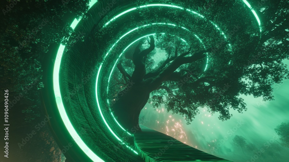 Poster enchanted forest pathway with glowing elements and majestic tree surrounded by ethereal mist for fan