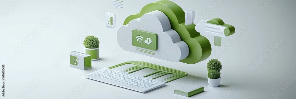 Aufkleber a stylized cloud computing concept featuring a keyboard and green elements.