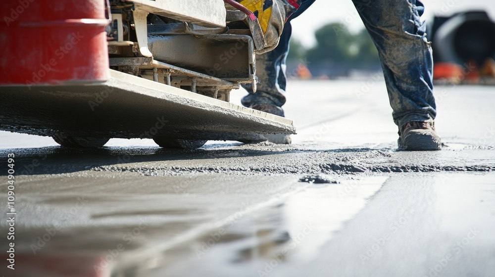 Poster an intense close-up of a concrete finisher smoothing out freshly poured concrete on a dam constructi