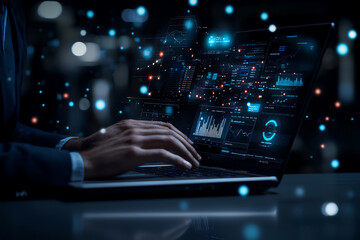 Hands typing on a laptop in a dark setting with digital data holograms floating. Represents high-tech innovation, cybersecurity and futuristic technology in a digital world.