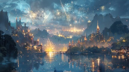 Fototapeta premium A vibrant night scene with fireworks over a picturesque cityscape.