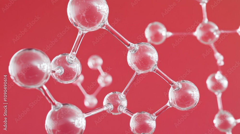 Poster a close-up of molecular structures against a red background, illustrating scientific concepts.