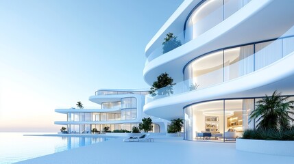 Fototapeta premium A contemporary real estate brochure design, blending blue and white tones, featuring bold headings and grid-style property previews for clarity