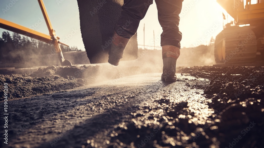 Poster an intense close-up of a concrete finisher smoothing out freshly poured concrete on a highway constr