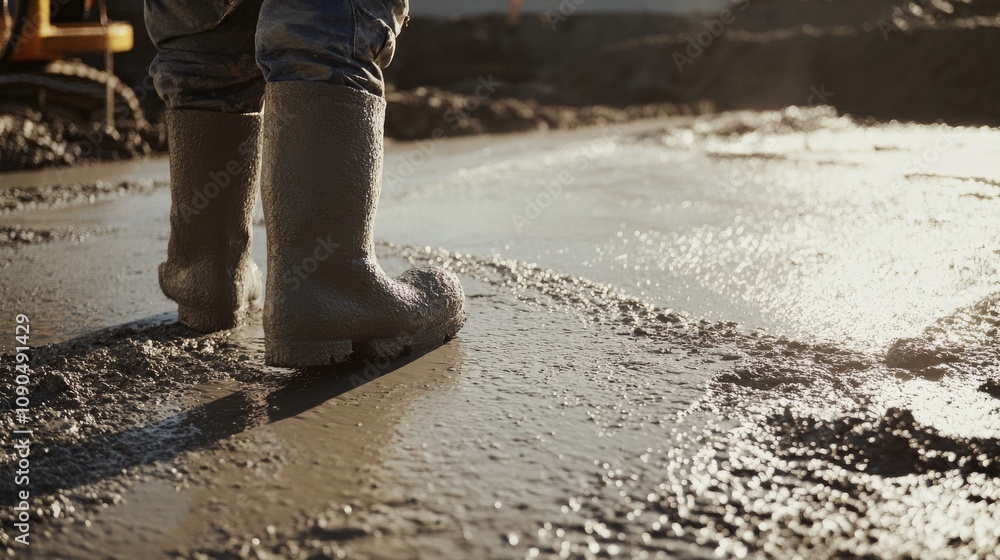 Poster an intense close-up of a concrete finisher smoothing out freshly poured concrete on a highway constr