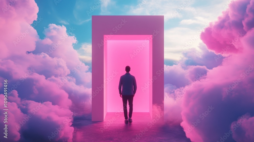 Poster surreal scene of a person walking through an ethereal gateway surrounded by colorful clouds and a dr