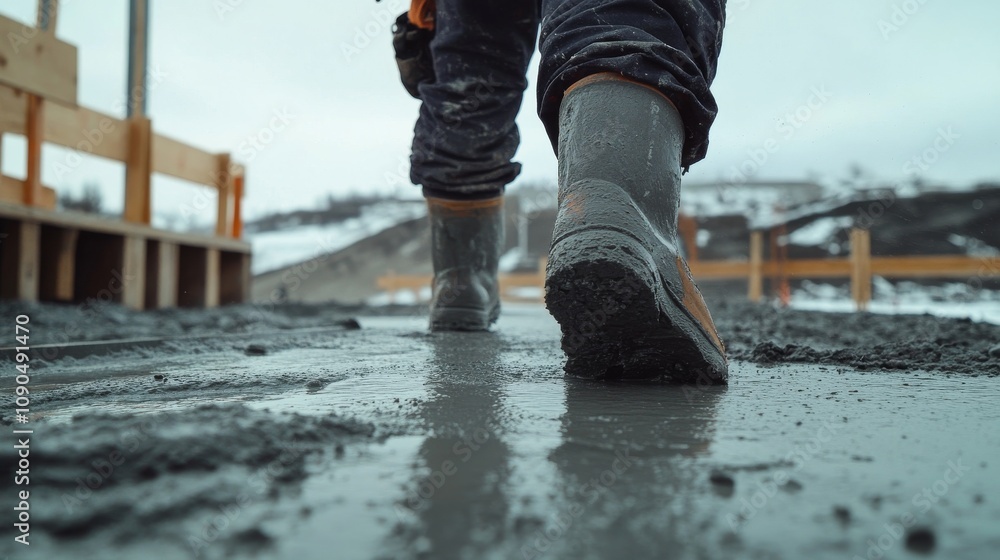 Aufkleber an intense close-up of a concrete finisher smoothing out freshly poured concrete on a highway constr