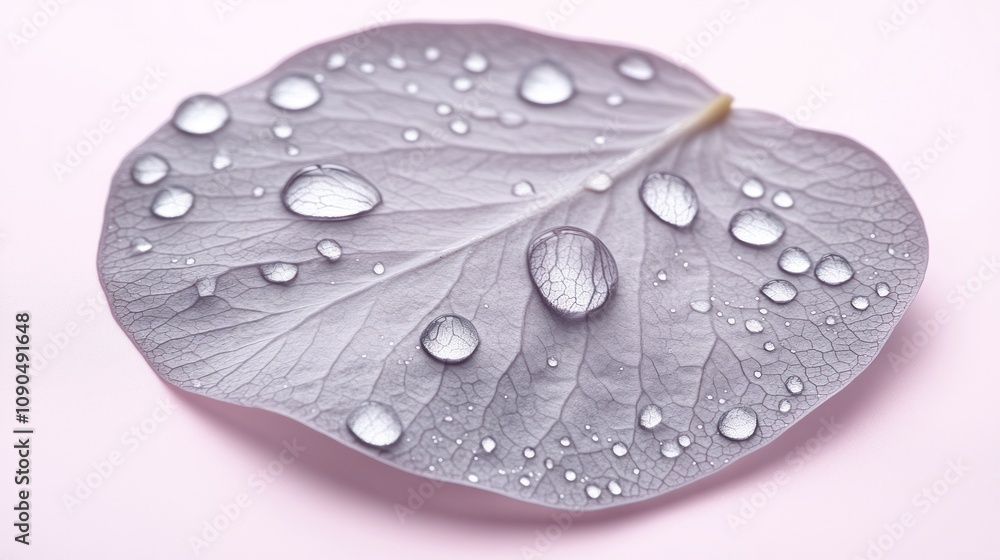 Aufkleber A close-up of a delicate leaf with water droplets on a soft pink background.