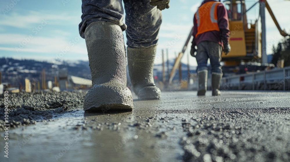 Poster an intense close-up of a concrete finisher smoothing out freshly poured concrete on a highway overpa