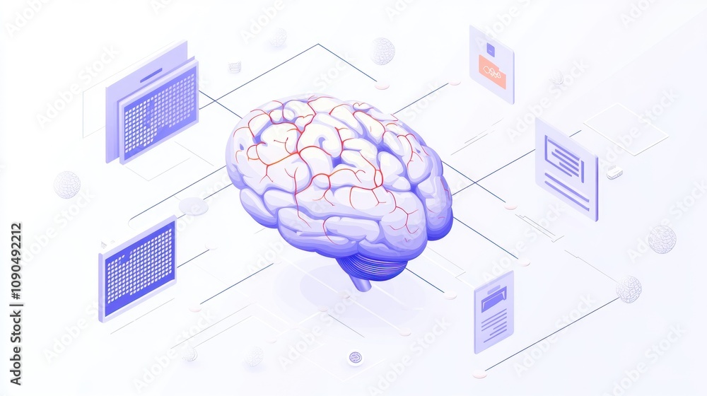 Poster a conceptual illustration of a brain surrounded by digital elements, symbolizing intelligence.