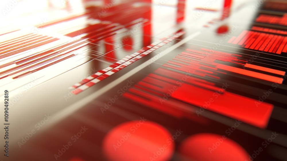 Fototapete Abstract red digital design with geometric shapes and lines, suggesting technology or data visualization.