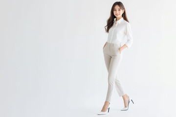 白いワイシャツとパンツにハイヒールを履いた長髪の女性。