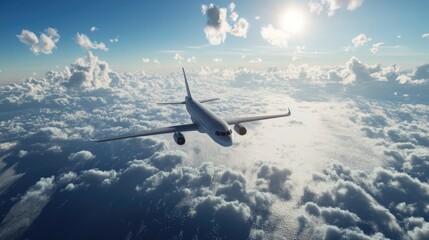 Naklejka premium A modern airplane soaring high above the clouds under a bright blue sky.